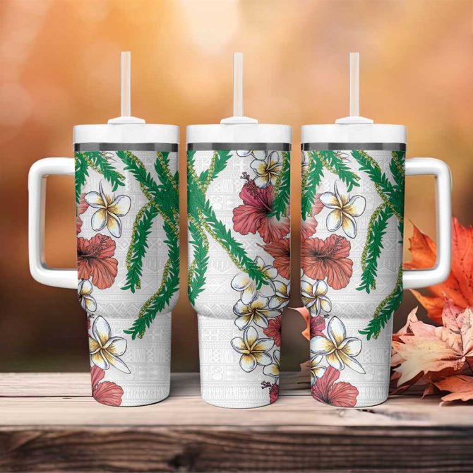 Hawaiian Tropical Flowers And Maile Pikake Polynesian Tribal White Color Custom Stanley Quencher 40Oz Stainless Steel Tumbler With Handle - Image 4