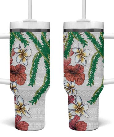 Hawaiian Tropical Flowers And Maile Pikake Polynesian Tribal White Color Custom Stanley Quencher 40Oz Stainless Steel Tumbler With Handle