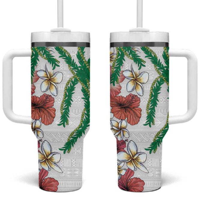 Hawaiian Tropical Flowers And Maile Pikake Polynesian Tribal White Color Custom Stanley Quencher 40Oz Stainless Steel Tumbler With Handle