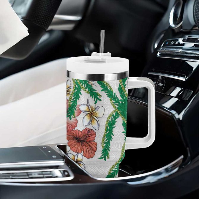 Hawaiian Tropical Flowers And Maile Pikake Polynesian Tribal White Color Custom Stanley Quencher 40Oz Stainless Steel Tumbler With Handle - Image 8