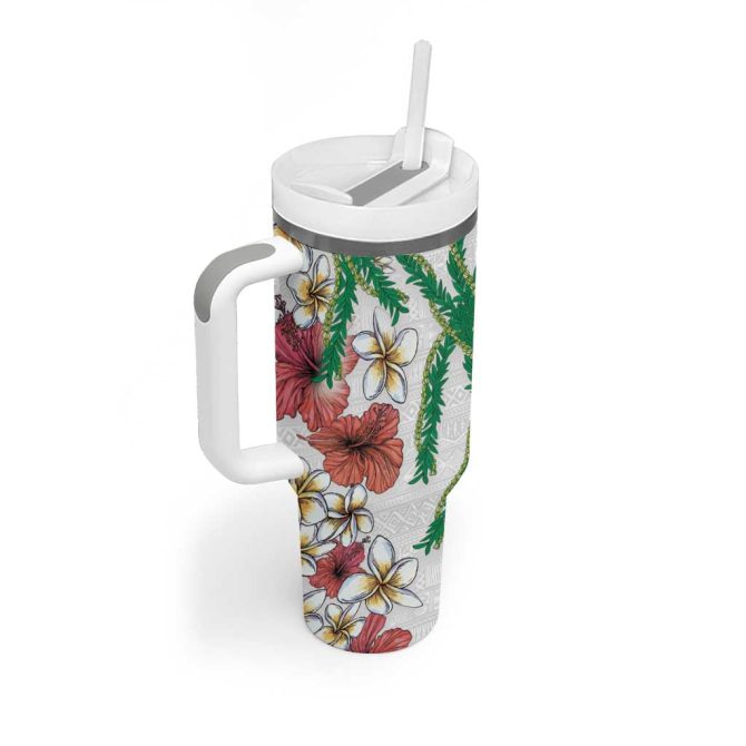 Hawaiian Tropical Flowers And Maile Pikake Polynesian Tribal White Color Custom Stanley Quencher 40Oz Stainless Steel Tumbler With Handle - Image 2