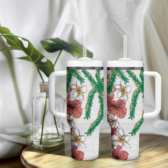 Hawaiian Tropical Flowers And Maile Pikake Polynesian Tribal White Color Custom Stanley Quencher 40Oz Stainless Steel Tumbler With Handle - Image 9