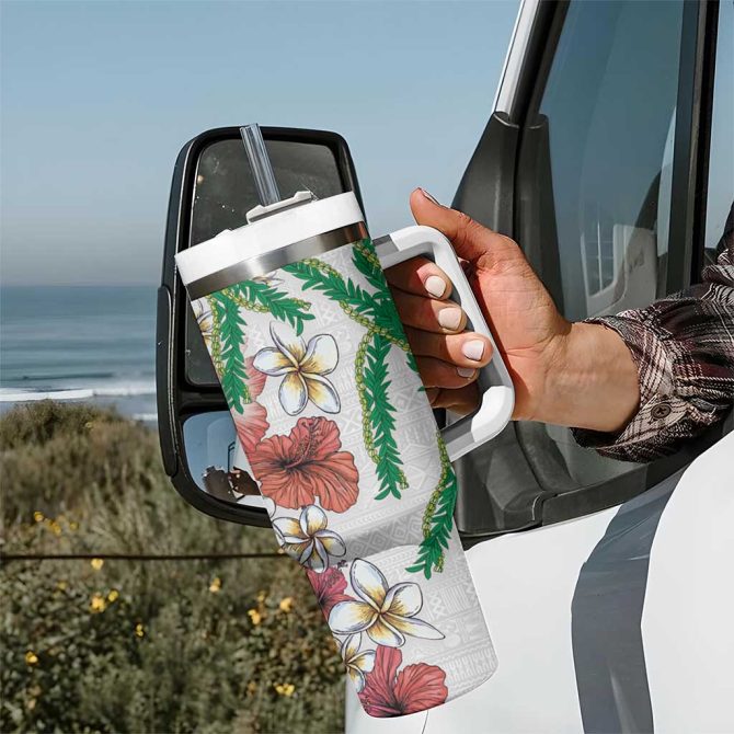Hawaiian Tropical Flowers And Maile Pikake Polynesian Tribal White Color Custom Stanley Quencher 40Oz Stainless Steel Tumbler With Handle - Image 7