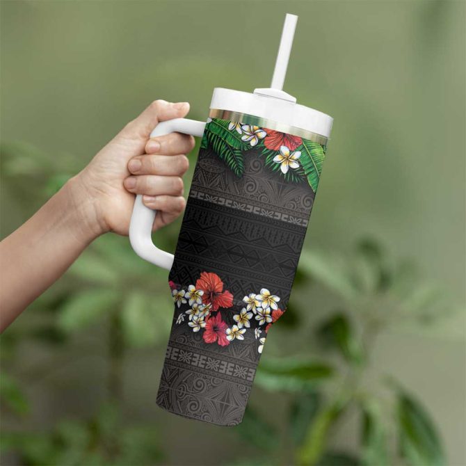 Hawaiian Tropical Flowers And Tribal Polynesian Tattoo Black Color Custom Stanley Quencher 40Oz Stainless Steel Tumbler With Handle - Image 3