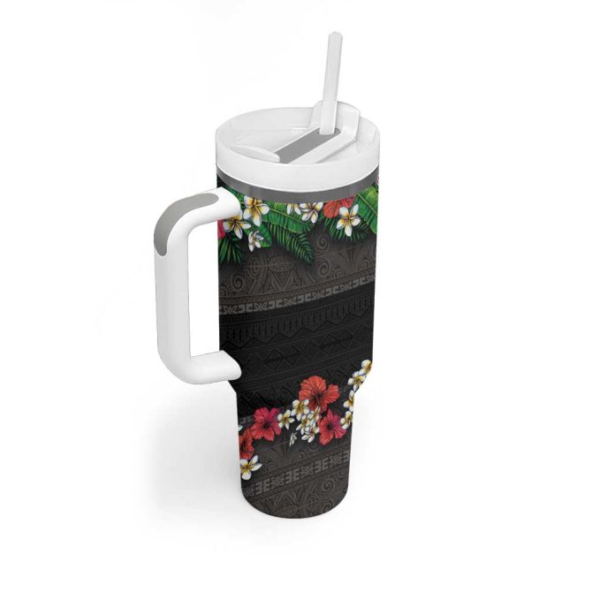 Hawaiian Tropical Flowers And Tribal Polynesian Tattoo Black Color Custom Stanley Quencher 40Oz Stainless Steel Tumbler With Handle - Image 2