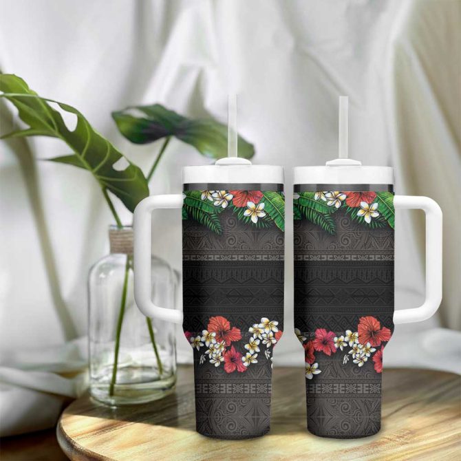 Hawaiian Tropical Flowers And Tribal Polynesian Tattoo Black Color Custom Stanley Quencher 40Oz Stainless Steel Tumbler With Handle - Image 9