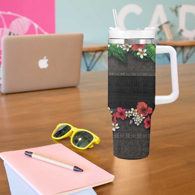 Hawaiian Tropical Flowers And Tribal Polynesian Tattoo Black Color Custom Stanley Quencher 40Oz Stainless Steel Tumbler With Handle - Image 5