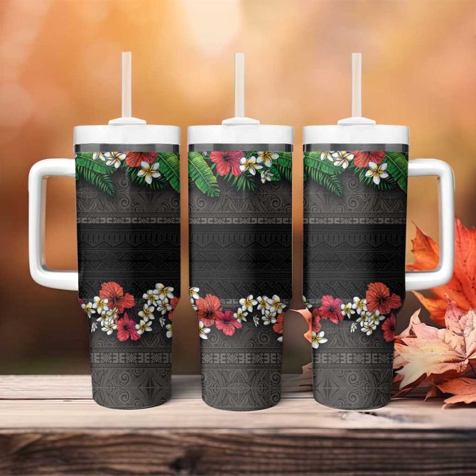 Hawaiian Tropical Flowers And Tribal Polynesian Tattoo Black Color Custom Stanley Quencher 40Oz Stainless Steel Tumbler With Handle - Image 4