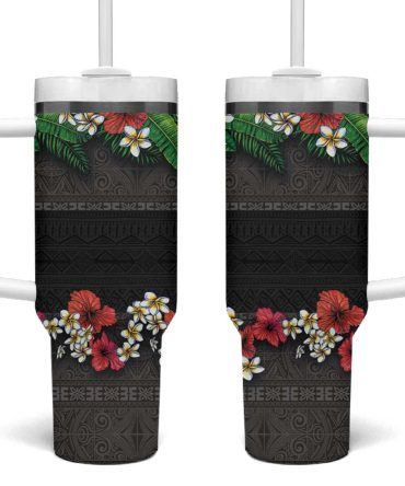 Hawaiian Tropical Flowers And Tribal Polynesian Tattoo Black Color Custom Stanley Quencher 40Oz Stainless Steel Tumbler With Handle
