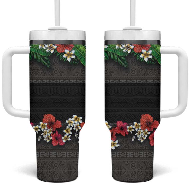 Hawaiian Tropical Flowers And Tribal Polynesian Tattoo Black Color Custom Stanley Quencher 40Oz Stainless Steel Tumbler With Handle