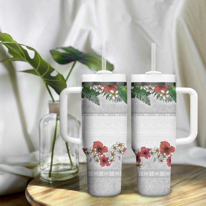 Hawaiian Tropical Flowers And Tribal Polynesian Tattoo Custom Stanley Quencher 40Oz Stainless Steel Tumbler With Handle - Image 9