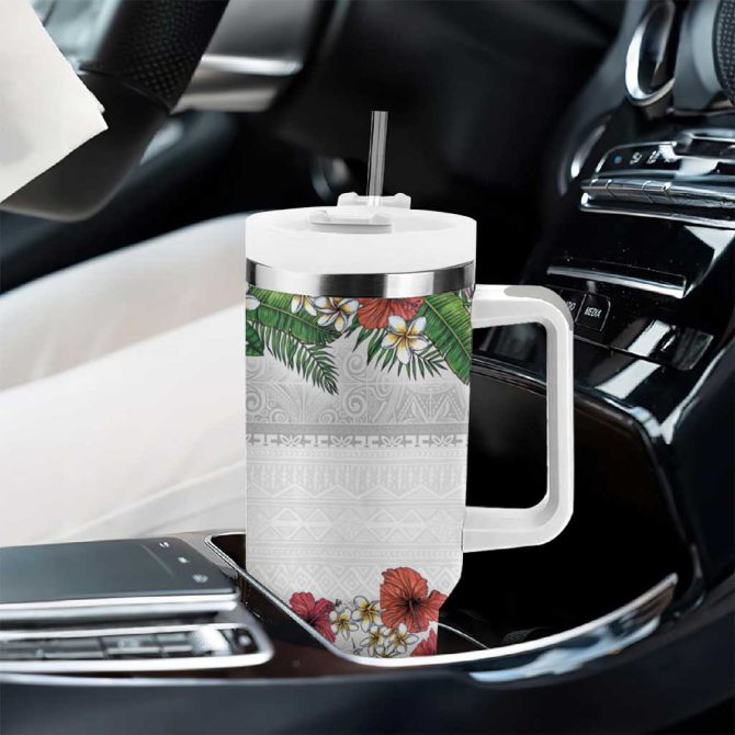Hawaiian Tropical Flowers And Tribal Polynesian Tattoo Custom Stanley Quencher 40Oz Stainless Steel Tumbler With Handle - Image 8
