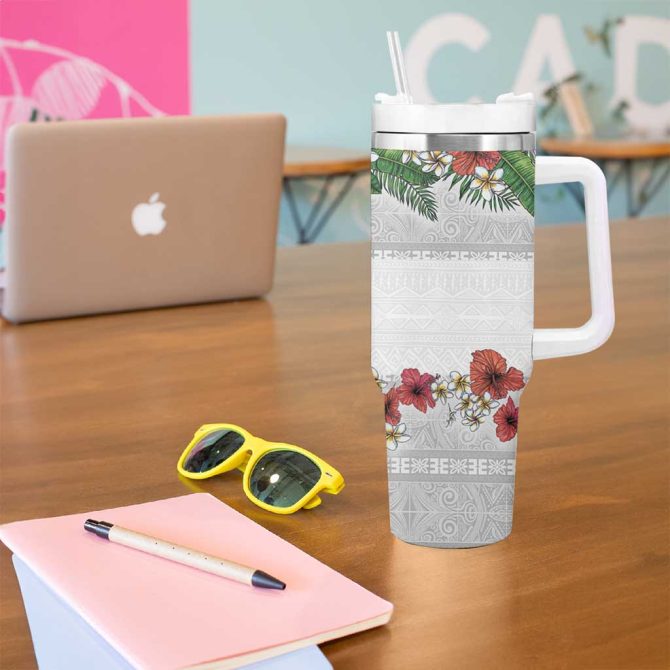 Hawaiian Tropical Flowers And Tribal Polynesian Tattoo Custom Stanley Quencher 40Oz Stainless Steel Tumbler With Handle - Image 5
