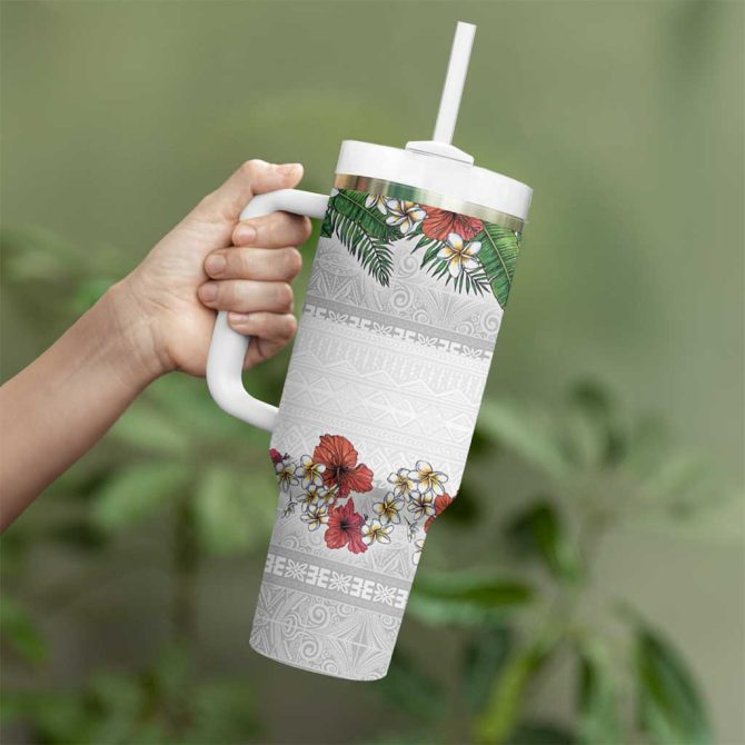 Hawaiian Tropical Flowers And Tribal Polynesian Tattoo Custom Stanley Quencher 40Oz Stainless Steel Tumbler With Handle - Image 3
