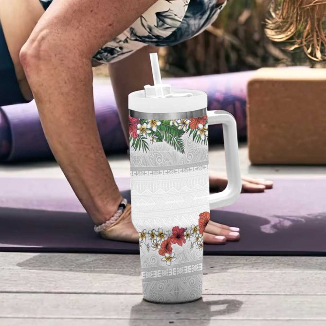 Hawaiian Tropical Flowers And Tribal Polynesian Tattoo Custom Stanley Quencher 40Oz Stainless Steel Tumbler With Handle - Image 6