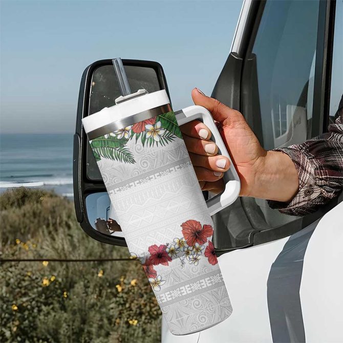 Hawaiian Tropical Flowers And Tribal Polynesian Tattoo Custom Stanley Quencher 40Oz Stainless Steel Tumbler With Handle - Image 7