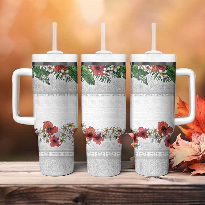 Hawaiian Tropical Flowers And Tribal Polynesian Tattoo Custom Stanley Quencher 40Oz Stainless Steel Tumbler With Handle - Image 4