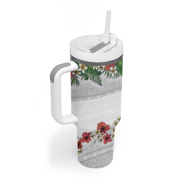 Hawaiian Tropical Flowers And Tribal Polynesian Tattoo Custom Stanley Quencher 40Oz Stainless Steel Tumbler With Handle - Image 2