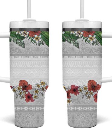 Hawaiian Tropical Flowers And Tribal Polynesian Tattoo Custom Stanley Quencher 40Oz Stainless Steel Tumbler With Handle