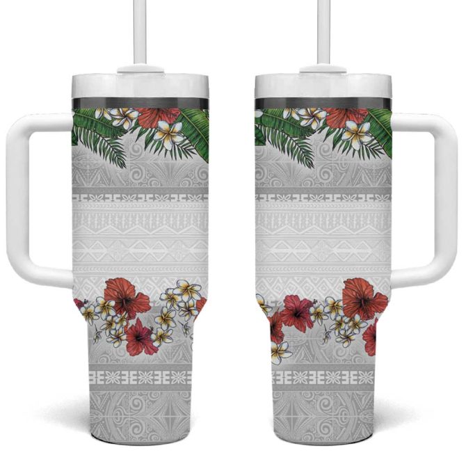 Hawaiian Tropical Flowers And Tribal Polynesian Tattoo Custom Stanley Quencher 40Oz Stainless Steel Tumbler With Handle