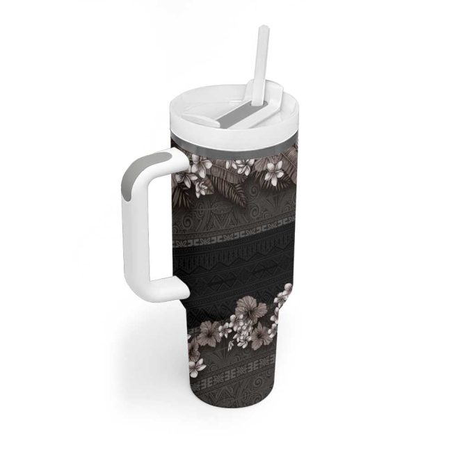 Hawaiian Tropical Flowers And Tribal Polynesian Tattoo Grayscale Mode Custom Stanley Quencher 40Oz Stainless Steel Tumbler With Handle - Image 2