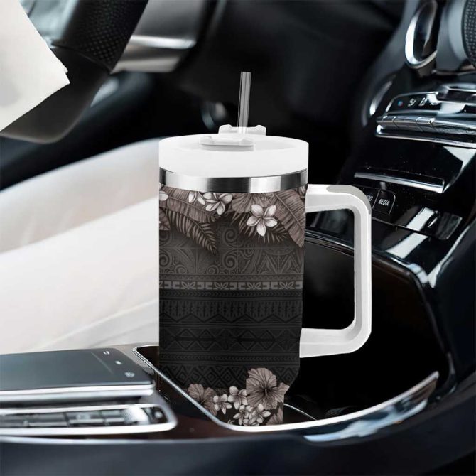 Hawaiian Tropical Flowers And Tribal Polynesian Tattoo Grayscale Mode Custom Stanley Quencher 40Oz Stainless Steel Tumbler With Handle - Image 8