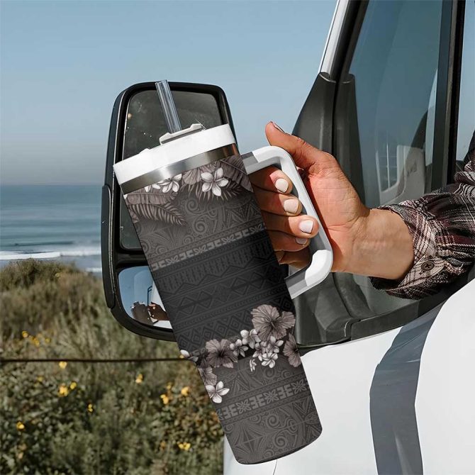 Hawaiian Tropical Flowers And Tribal Polynesian Tattoo Grayscale Mode Custom Stanley Quencher 40Oz Stainless Steel Tumbler With Handle - Image 7