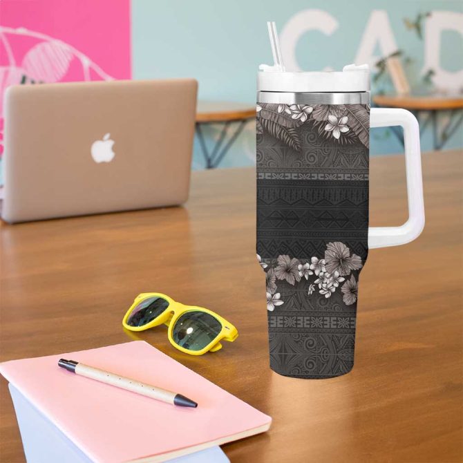 Hawaiian Tropical Flowers And Tribal Polynesian Tattoo Grayscale Mode Custom Stanley Quencher 40Oz Stainless Steel Tumbler With Handle - Image 5