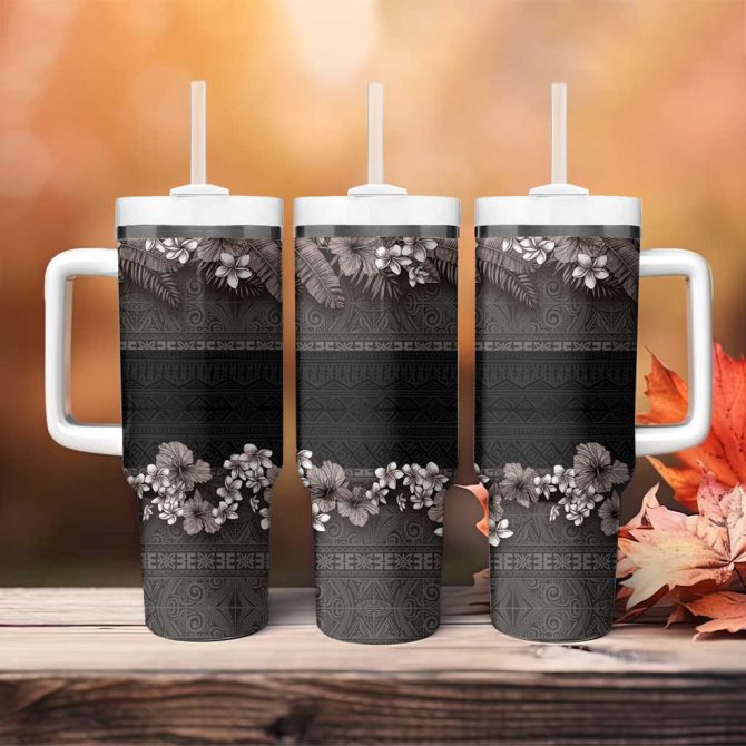 Hawaiian Tropical Flowers And Tribal Polynesian Tattoo Grayscale Mode Custom Stanley Quencher 40Oz Stainless Steel Tumbler With Handle - Image 4