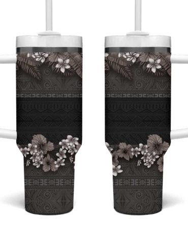 Hawaiian Tropical Flowers And Tribal Polynesian Tattoo Grayscale Mode Custom Stanley Quencher 40Oz Stainless Steel Tumbler With Handle