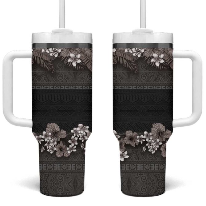 Hawaiian Tropical Flowers And Tribal Polynesian Tattoo Grayscale Mode Custom Stanley Quencher 40Oz Stainless Steel Tumbler With Handle