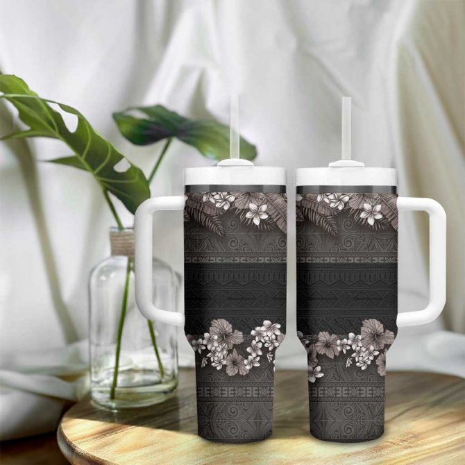 Hawaiian Tropical Flowers And Tribal Polynesian Tattoo Grayscale Mode Custom Stanley Quencher 40Oz Stainless Steel Tumbler With Handle - Image 9