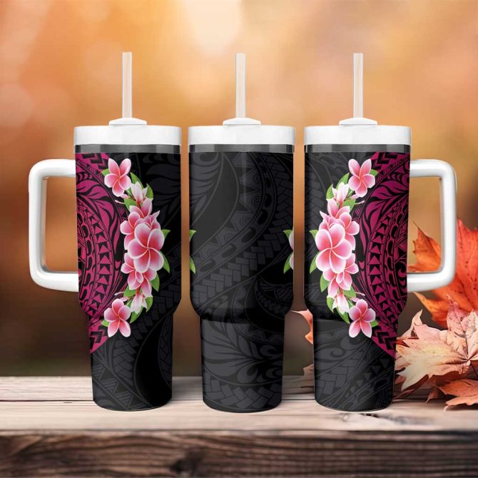 Hawaiian Tropical Plumeria Art Polynesian Tattoo Black And Bright Pink Color Custom Stanley Quencher 40Oz Stainless Steel Tumbler With Handle - Image 4