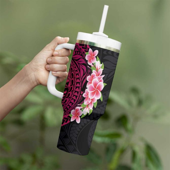 Hawaiian Tropical Plumeria Art Polynesian Tattoo Black And Bright Pink Color Custom Stanley Quencher 40Oz Stainless Steel Tumbler With Handle - Image 3