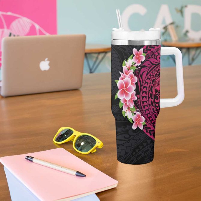 Hawaiian Tropical Plumeria Art Polynesian Tattoo Black And Bright Pink Color Custom Stanley Quencher 40Oz Stainless Steel Tumbler With Handle - Image 5