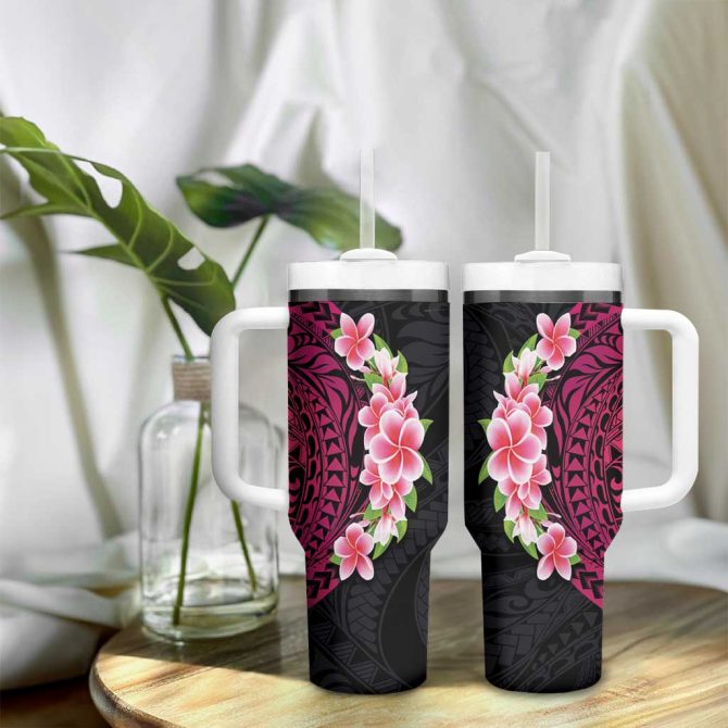 Hawaiian Tropical Plumeria Art Polynesian Tattoo Black And Bright Pink Color Custom Stanley Quencher 40Oz Stainless Steel Tumbler With Handle - Image 9