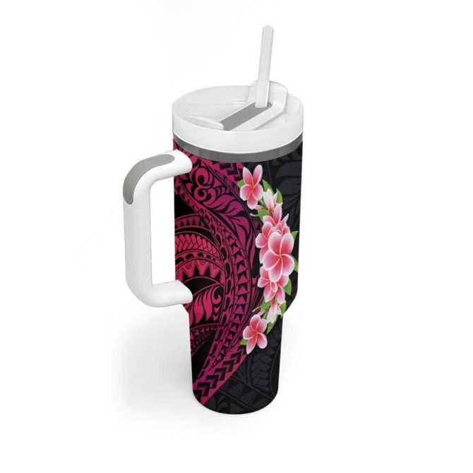 Hawaiian Tropical Plumeria Art Polynesian Tattoo Black And Bright Pink Color Custom Stanley Quencher 40Oz Stainless Steel Tumbler With Handle - Image 2