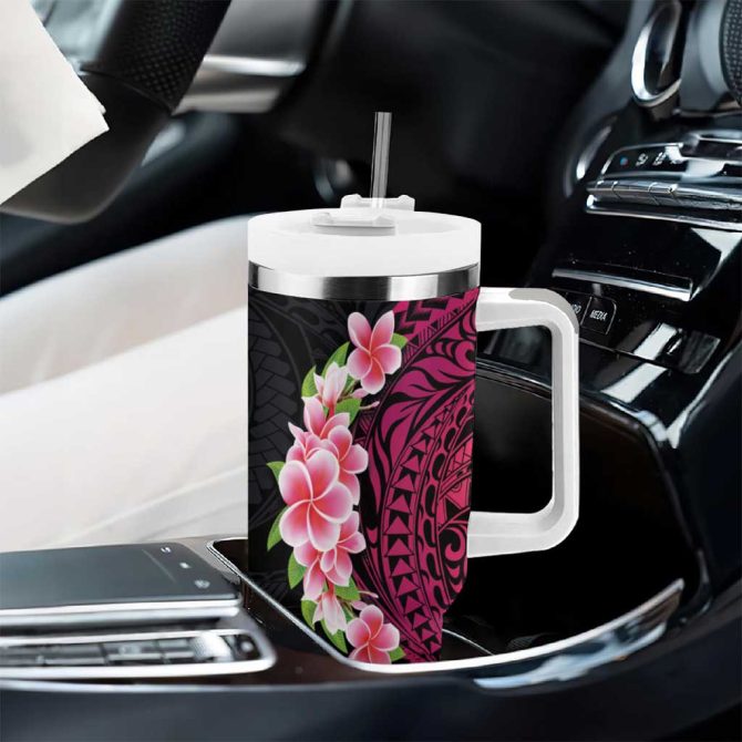 Hawaiian Tropical Plumeria Art Polynesian Tattoo Black And Bright Pink Color Custom Stanley Quencher 40Oz Stainless Steel Tumbler With Handle - Image 8