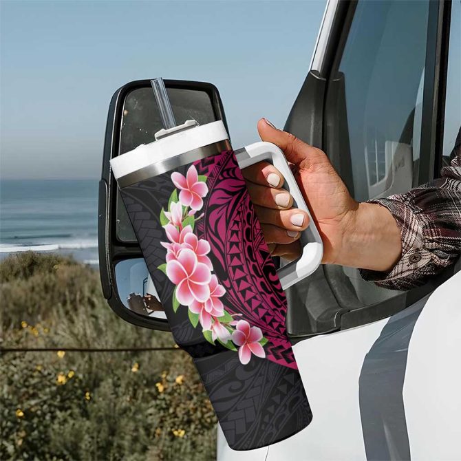 Hawaiian Tropical Plumeria Art Polynesian Tattoo Black And Bright Pink Color Custom Stanley Quencher 40Oz Stainless Steel Tumbler With Handle - Image 7