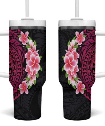 Hawaiian Tropical Plumeria Art Polynesian Tattoo Black And Bright Pink Color Custom Stanley Quencher 40Oz Stainless Steel Tumbler With Handle
