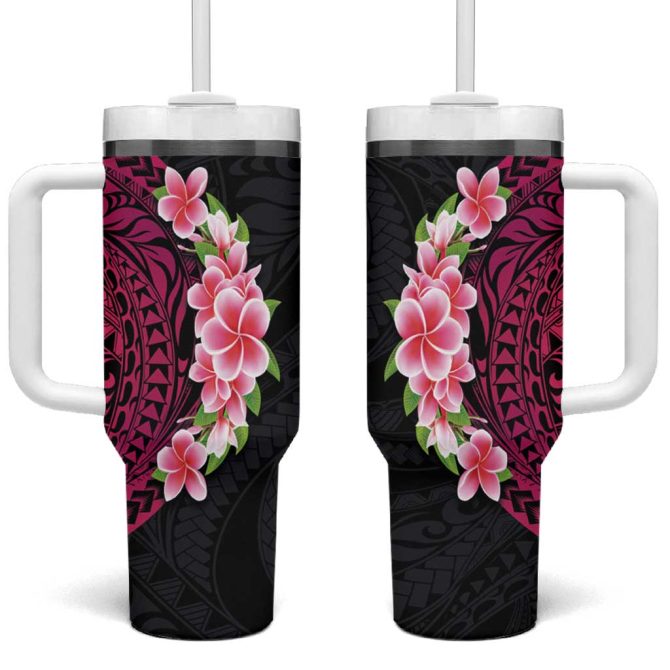 Hawaiian Tropical Plumeria Art Polynesian Tattoo Black And Bright Pink Color Custom Stanley Quencher 40Oz Stainless Steel Tumbler With Handle