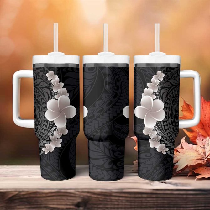 Hawaiian Tropical Plumeria Art Polynesian Tattoo Grayscale Color Custom Stanley Quencher 40Oz Stainless Steel Tumbler With Handle - Image 4