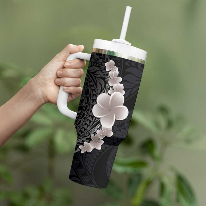 Hawaiian Tropical Plumeria Art Polynesian Tattoo Grayscale Color Custom Stanley Quencher 40Oz Stainless Steel Tumbler With Handle - Image 3