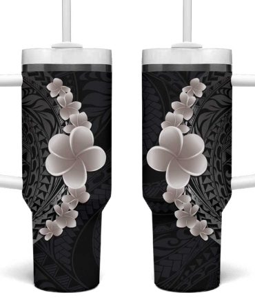 Hawaiian Tropical Plumeria Art Polynesian Tattoo Grayscale Color Custom Stanley Quencher 40Oz Stainless Steel Tumbler With Handle