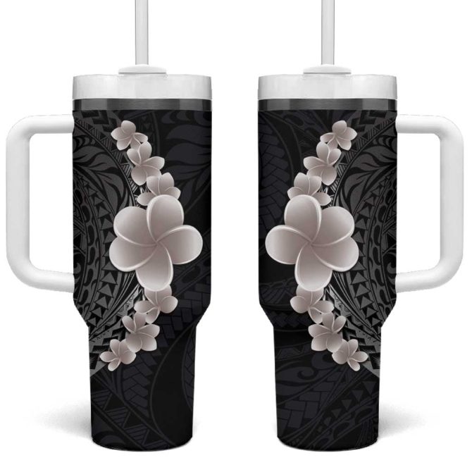 Hawaiian Tropical Plumeria Art Polynesian Tattoo Grayscale Color Custom Stanley Quencher 40Oz Stainless Steel Tumbler With Handle
