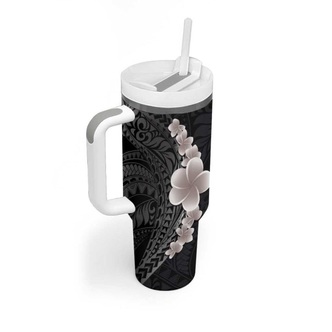 Hawaiian Tropical Plumeria Art Polynesian Tattoo Grayscale Color Custom Stanley Quencher 40Oz Stainless Steel Tumbler With Handle - Image 2