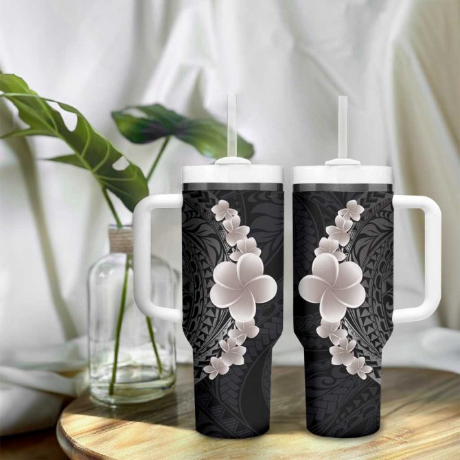 Hawaiian Tropical Plumeria Art Polynesian Tattoo Grayscale Color Custom Stanley Quencher 40Oz Stainless Steel Tumbler With Handle - Image 9