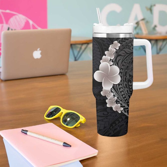 Hawaiian Tropical Plumeria Art Polynesian Tattoo Grayscale Color Custom Stanley Quencher 40Oz Stainless Steel Tumbler With Handle - Image 5