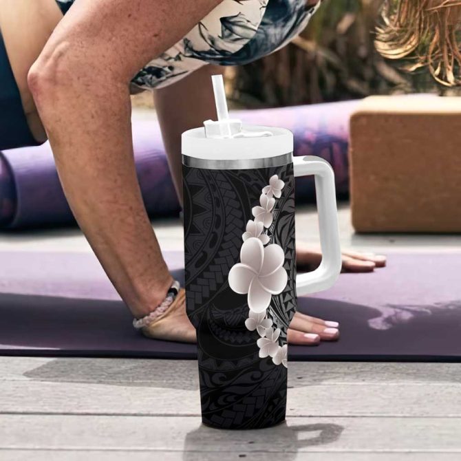 Hawaiian Tropical Plumeria Art Polynesian Tattoo Grayscale Color Custom Stanley Quencher 40Oz Stainless Steel Tumbler With Handle - Image 6