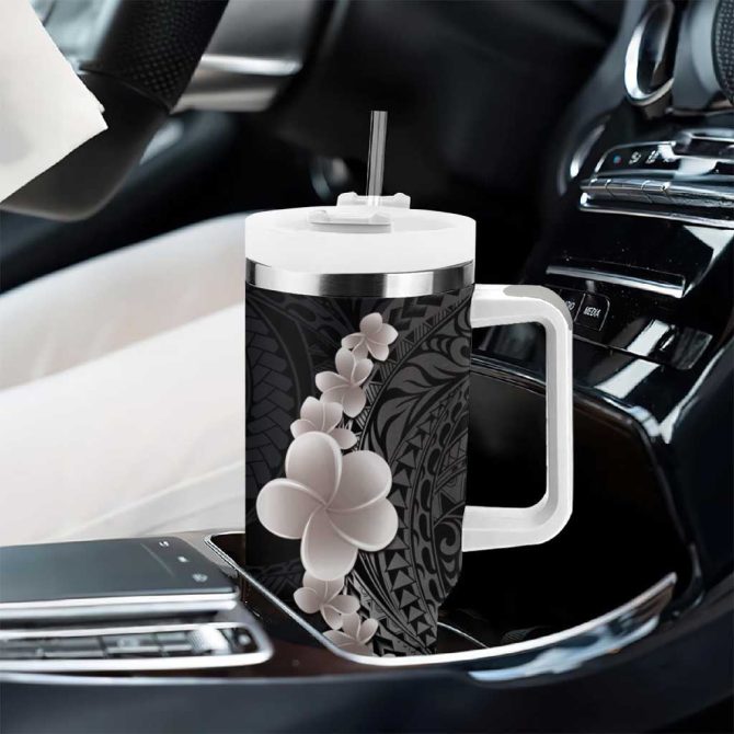 Hawaiian Tropical Plumeria Art Polynesian Tattoo Grayscale Color Custom Stanley Quencher 40Oz Stainless Steel Tumbler With Handle - Image 8